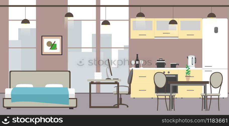 Empty Studio apartment with big windows. Bed, workspace and kitchen with utensils, flat vector illustration. Empty Studio apartment with big windows