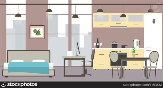 Empty Studio apartment with big windows. Bed, workspace and kitchen with utensils, flat vector illustration. Empty Studio apartment with big windows