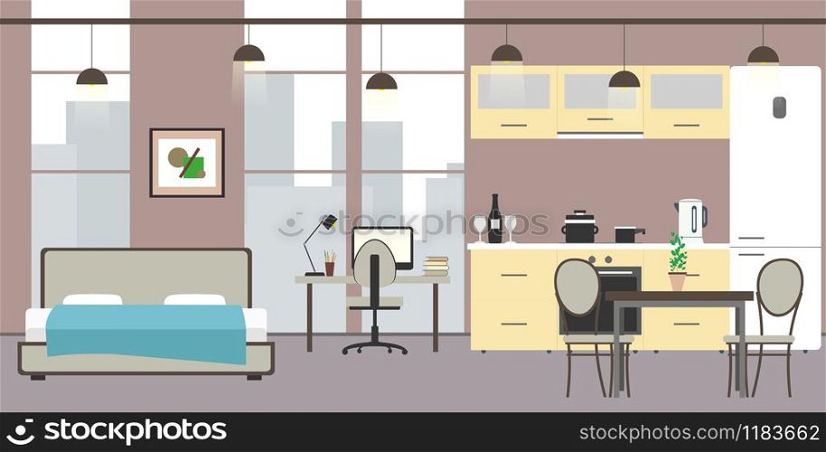 Empty Studio apartment with big windows. Bed, workspace and kitchen with utensils, flat vector illustration. Empty Studio apartment with big windows