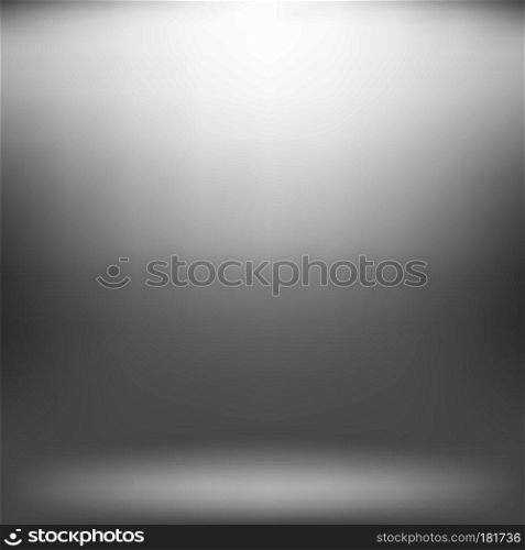 Empty Studio. Light Gray Abstract Background with Radial Gradient Effect. Spotlights Blurred Background.  Flat Wall and Floor in Empty Spacious Room Interior for Your Products. Empty Studio. Light Gray Abstract Background with Radial Gradient Effect. Spotlights Blurred Background.