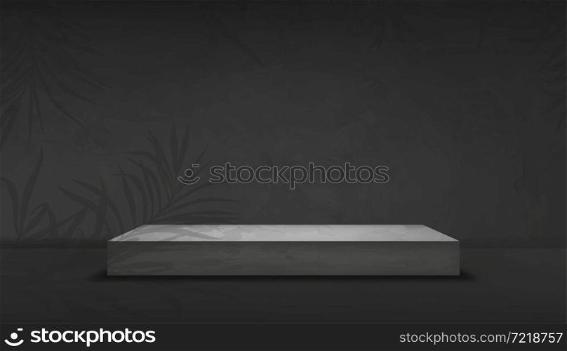 Empty Studion room with podium and palm leaves on grey wall,Background Gray Cement texture of floor, Vector 3D Backdrop of Gray Concrete surface with cracked texture. Banner for loft design