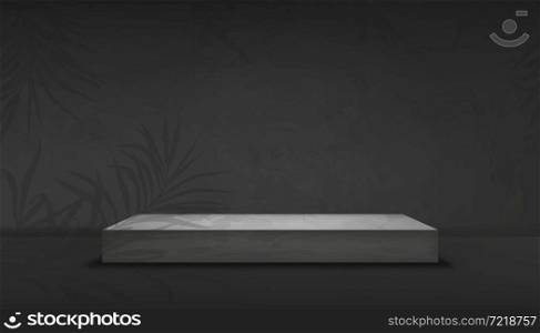 Empty Studion room with podium and palm leaves on grey wall,Background Gray Cement texture of floor, Vector 3D Backdrop of Gray Concrete surface with cracked texture. Banner for loft design