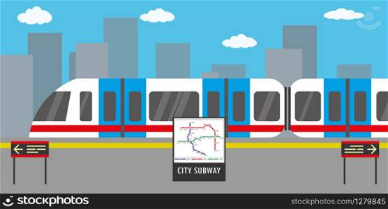 Empty Subway station,modern train on city background,public transport,flat vector illustration.