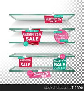 Empty Supermarket Shelves, Valentine s Day Sale Wobblers Vector. Price Tag Labels. Big Sale Banner. February 14 Selling Card. Discount Sticker. Love Sale Banners. Isolated Illustration. Supermarket Shelves, Valentine s Day Sale Advertising Wobblers Vector. Retail Sticker Concept. Mega Sale Design Concept. February 14 Best Offer. Discount Sticker. Love Sale Banners. Isolated
