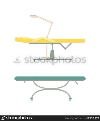 Empty table for spa procedure and massage cartoon set vector isolated emblems. Modern comfortable equipment with amenity for clinic and beauty salon. Table for Spa Procedure and Massage Cartoon Set