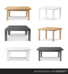 Empty Table Set Vector. Wooden, Plastic, White, Black. Isolated Furniture, Platform. Template For Object Presentation. Realistic Vector Illustration.. Wooden Empty Square Table. Isolated Furniture, Platform Realistic