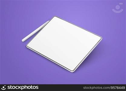 Empty tablet and pen on a violet background, rotated position. Device in perspective view. Tablet mockup from different angles. Illustration of device 3d screen. Empty tablet and pen on a violet background. Device in perspective view. Tablet mockup from different angles. Illustration of device 3d screen