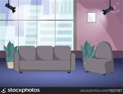Empty talk show shooting stage flat color vector illustration. Chat show studio 2D cartoon interior with decorations on background. TV program recording place. Host and guest seats in spotlights. Empty talk show shooting stage flat color vector illustration