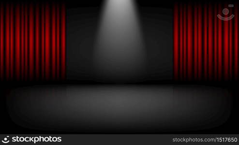 Empty theater or cinema stage with red curtains, vector illustration