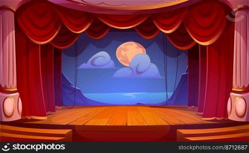 Empty theater stage with red curtains, wooden floor, columns. Vector cartoon illustration of night seascape with full moon background decoration ready for school play, opera performance, music concert. Empty theater stage, red curtains, wooden floor