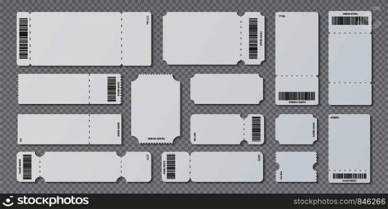 Empty ticket template. Concert movie theater and boarding blank white tickets, lottery coupons with ruffle edges. Vector isolated modern coupon set for travelling festival airplane. Empty ticket template. Concert movie theater and boarding blank white tickets, lottery coupons with ruffle edges. Vector isolated set