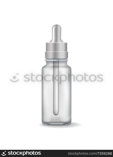 Empty transparent container for medical liquids. Glass or plastic bottle with pipette for nasal drops isolated realistic vector illustration on white.. Empty Transparent Container for Medical Liquids