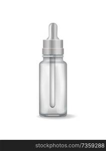 Empty transparent container for medical liquids. Glass or plastic bottle with pipette for nasal drops isolated realistic vector illustration on white.. Empty Transparent Container for Medical Liquids