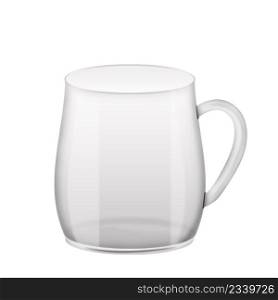 Empty transparent glass mug mockup on white background, vector illustration