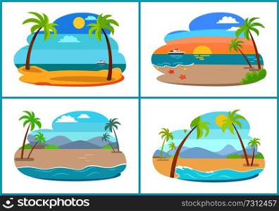 Empty tropical sandy beaches with small palms set. Beach at sea shore at hot exotic country. Natural landscapes with deep ocean vector illustrations.. Empty Tropical Sandy Beaches with Tall Palms Set