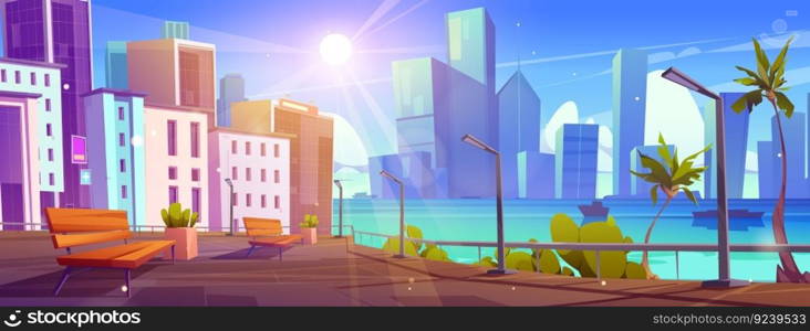 Empty tropical urban embankment, city skyline. Park bench on street near river and downtown building vector landscape. Resort on seaside in town with sun beam light in sky cartoon summer background. Empty tropical urban embankment, city skyline