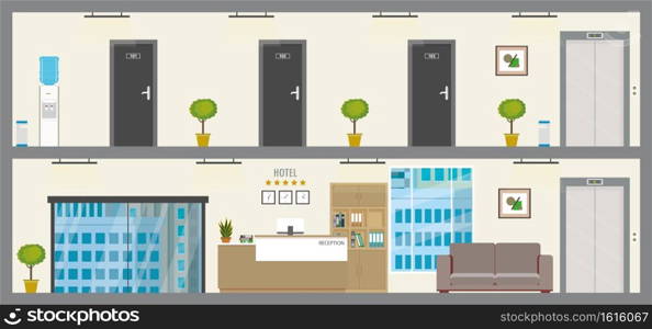 Empty Two floors of hotel or hostel,ground  floor with reception and first floor with doors in rooms,flat vector illustration