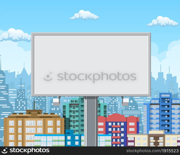 Empty urban big board or billboard with lamp. Blank mockup. Marketing and advertisement. Cityscape background with buildings, sky and clouds. Vector illustration in flat style. Empty urban big board