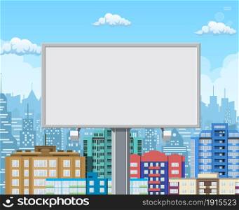 Empty urban big board or billboard with lamp. Blank mockup. Marketing and advertisement. Cityscape background with buildings, sky and clouds. Vector illustration in flat style. Empty urban big board
