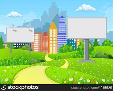 Empty urban big board or billboard with lamp. Blank mockup. Marketing and advertisement. Cityscape background with buildings, sky and clouds. Vector illustration in flat style. Blank billboard and roadside trees at the road