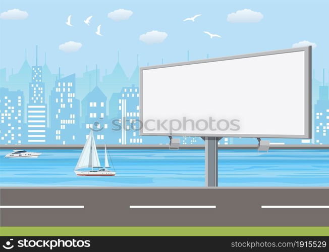 Empty urban big board or billboard with lamp. Blank mockup. Marketing and advertisement. Cityscape background with buildings, sky and clouds. Vector illustration in flat style. Empty urban big board