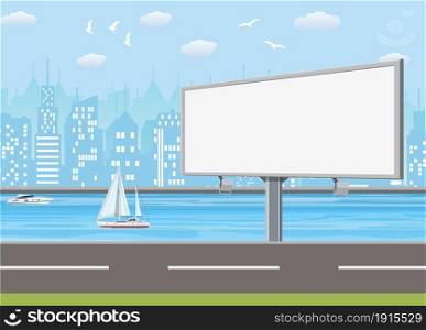 Empty urban big board or billboard with lamp. Blank mockup. Marketing and advertisement. Cityscape background with buildings, sky and clouds. Vector illustration in flat style. Empty urban big board