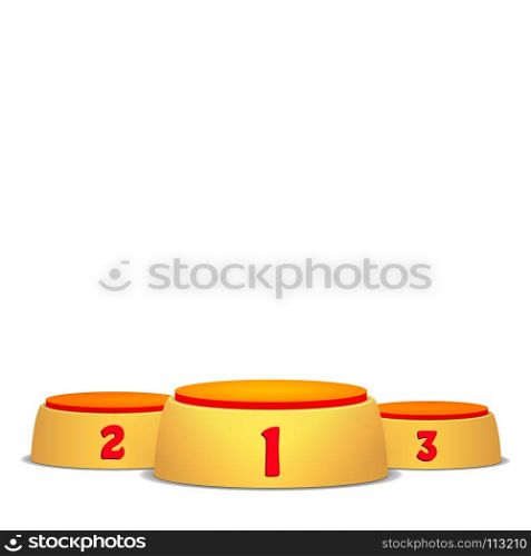 Empty Vector Podium. Round Winners Pedestal Concept With First, Second And Third Place For Award Ceremony. Isolated On White Background. Yellow 3D Stage. Realistic Platform.. Empty Vector Podium. Round Winners Pedestal Concept With First, Second And Third Place For Award Ceremony. Isolated On White Background. Yellow 3D Stage. Platform.