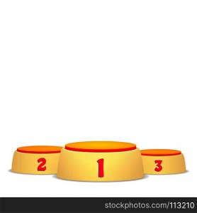 Empty Vector Podium. Round Winners Pedestal Concept With First, Second And Third Place For Award Ceremony. Isolated On White Background. Yellow 3D Stage. Realistic Platform.. Empty Vector Podium. Round Winners Pedestal Concept With First, Second And Third Place For Award Ceremony. Isolated On White Background. Yellow 3D Stage. Platform.