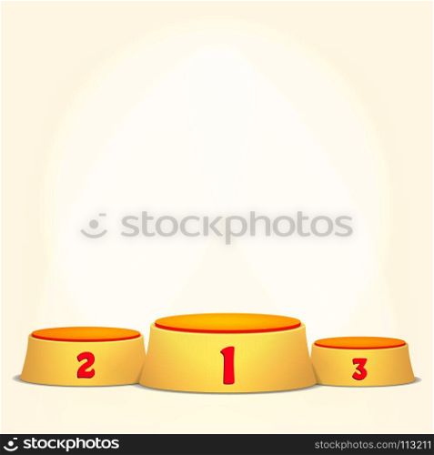 Empty Vector Podium. Round Winners Pedestal Concept With First, Second And Third Place For Award Ceremony. Yellow 3D Stage. Realistic Platform.. Empty Vector Podium. Round Winners Pedestal Concept With First, Second And Third Place For Award Ceremony. Yellow 3D Stage. Platform.