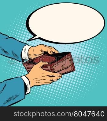 Empty wallet, no money pop art retro vector illustration. Finance and poverty