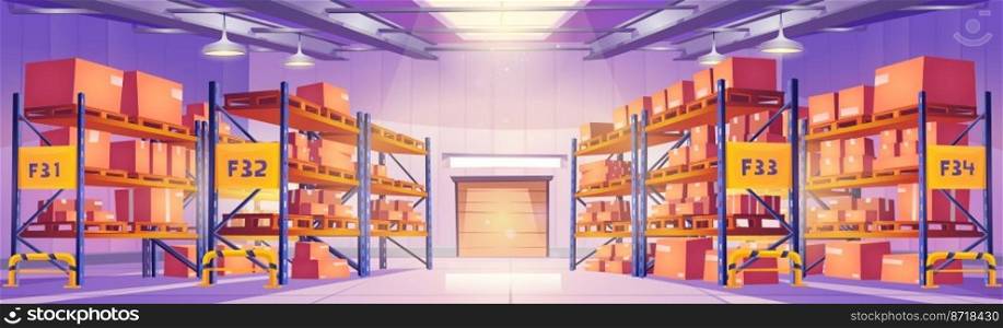 Empty warehouse with cardboard boxes on metal racks. Storage room interior with shelves with carton packages and wooden pallets on shelves, closed rolling shutter gates, vector cartoon illustration. Warehouse with cardboard boxes on metal racks