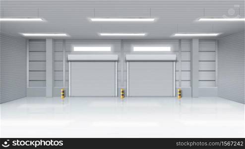 Empty warehouse with rolling doors, storehouse interior with shutter gates, illuminating lamps on ceiling. Delivery service, industrial room rental storage facility, Realistic 3d vector illustration. Empty warehouse interior with shatter roll gates