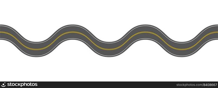 Empty wavy asphalt road with marking. Horizontal aerial view. Seamless highway template. Element of street roadway isolated on white background. Vector flat illustration.. Empty wavy asphalt road with marking. Horizontal aerial view. Seamless highway template. Element of street roadway isolated on white background