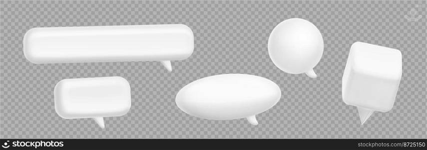 Empty white 3d speech bubbles different shapes for text, chat message, dialog, comments,"es. Blank talk boxes isolated on transparent background, vector illustration. Empty white 3d speech bubbles different shapes