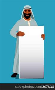 Empty white banner in hands of arabic businessman. Vector mascot design. Businessman arab character hold white banner illustration. Empty white banner in hands of arabic businessman. Vector mascot design