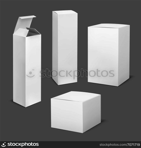 Empty white box. Cardboard cosmetic boxes rectangular blank package with shadows medicine product vertical packaging vector mockup. Empty white box. Cardboard cosmetic boxes rectangular blank package with shadows medicine product vertical packaging