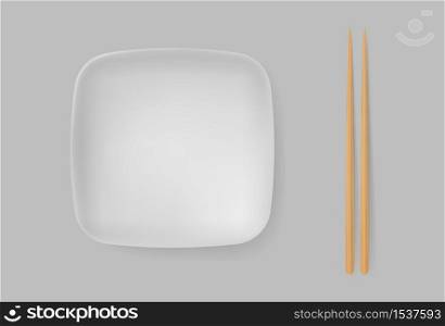 Empty white ceramic sushi plate with lying bamboo chopsticks. Japanese Asian traditional style. Vector illustration of oriental kitchen utensils for websites, restaurants and print. Empty white ceramic sushi plate with lying bamboo chopsticks