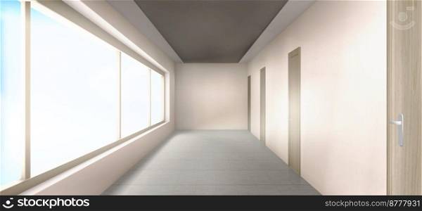 Empty white hall or room perspective with many wooden doors and large window. Realistic vector illustration of hospital, hotel, university or office building interior design. Modern architecture. Empty white hall with many doors and window