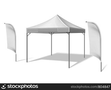 Empty white outdoor event tent with flying beach material flags vector illustration isolated on white background. Tent folding, marquee shelter mockup. Empty white outdoor event tent with flying beach material flags vector illustration isolated on white background