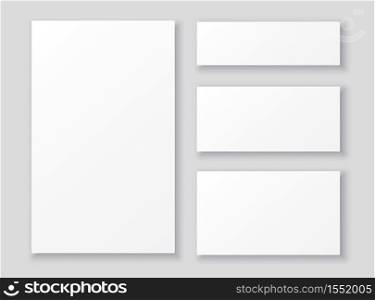 Empty white paper flyers and posters templates in different sizes. Set of realistic vector illustrations with lights and shadows. Perfect mockup for your design.. Blank white paper flyers and posters templates in different sizes.
