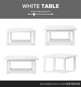 Empty White Plastic Table Set Isolated On White Background. Realistic Platform. Vector Illustration. Good For Product Display Template.. White Empty Square Table. Isolated Furniture, Platform Realistic