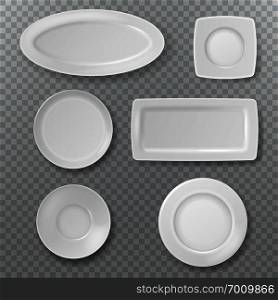 Empty white plate. Food plates top view topping dish bowl from above kitchen ceramic elements cooking porcelain isolated vector set. Empty white plate. Food plates top view topping dish bowl from above kitchen ceramic elements cooking porcelain isolated