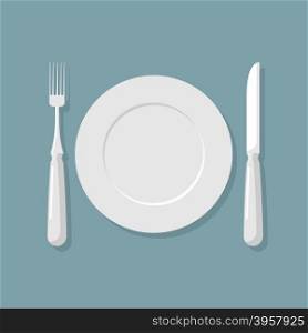 Empty white plate top view. Knife and fork. Cutlery. Vector illustration for kitchen.