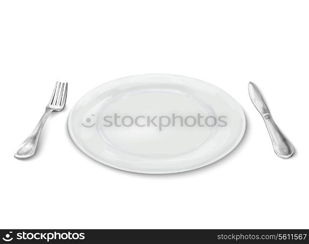 Empty white realistic dinner plate with knife and fork isolated on white background vector illustration