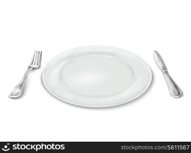 Empty white realistic dinner plate with knife and fork isolated on white background vector illustration