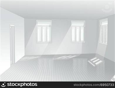 empty white room with windows and sun light
