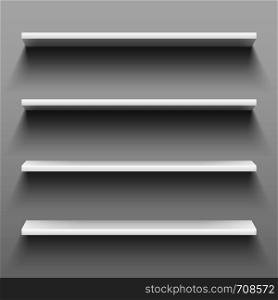Empty white shelves for home shelving furniture. Realistic 3d group of bookshelf racks, storage shelf with shadow or shop marketplace supermarket rack at different angles vector illustration set. Empty white shelves for home shelving furniture. Realistic group of racks, storage shelf with shadow or shop rack vector illustration
