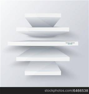 Empty white shelves on clean background. Front view of realistic, voluminous racks with a shadow. Vector illustration.