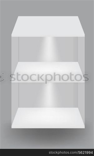 Empty white shelves on light grey background. Vector illustration