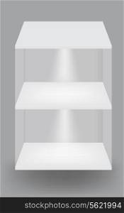 Empty white shelves on light grey background. Vector illustration